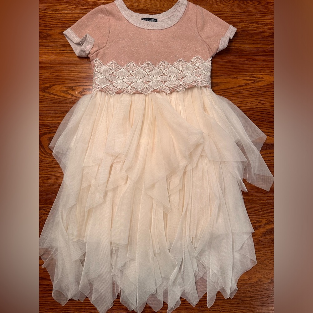 Ava & Yelly 6x Girls Dress Short Sleeve Pink Cream Lace Summer Spring